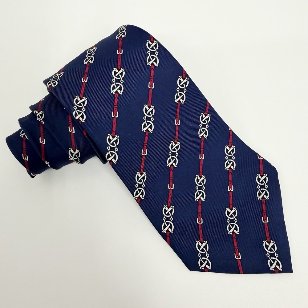 Hermes Men's Tie Equestrian Chain Links Navy & Red Silk 7211 UA 3" (W) x 57" (L) - Picture 4 of 8